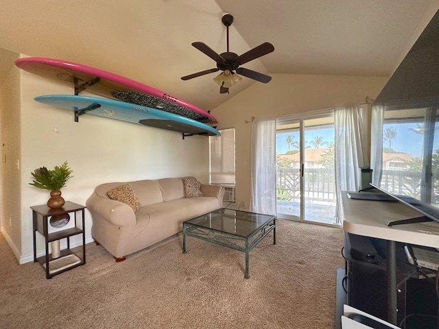 carpeted living room with cooling unit, ceiling fan, and vaulted ceiling