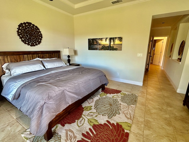 bedroom featuring light tile patterned floors and crown molding