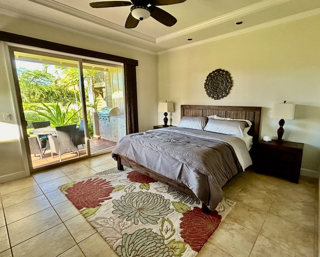 tiled bedroom with a tray ceiling, ceiling fan, access to exterior, and crown molding