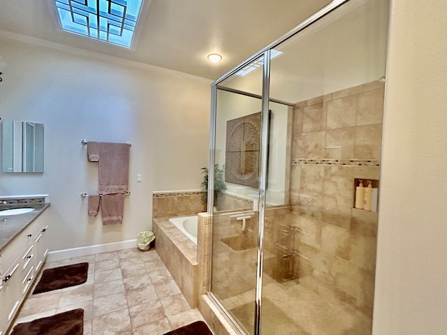 bathroom featuring shower with separate bathtub, vanity, ornamental molding, and tile patterned floors