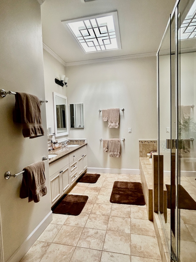 bathroom with vanity, shower with separate bathtub, ornamental molding, and tile patterned flooring