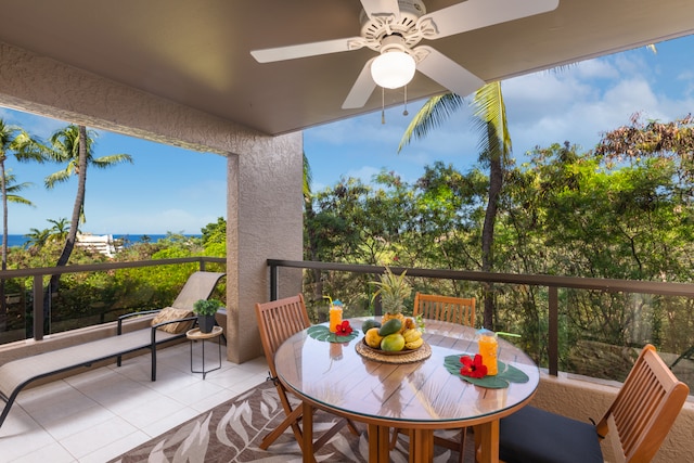 balcony featuring ceiling fan and a water view