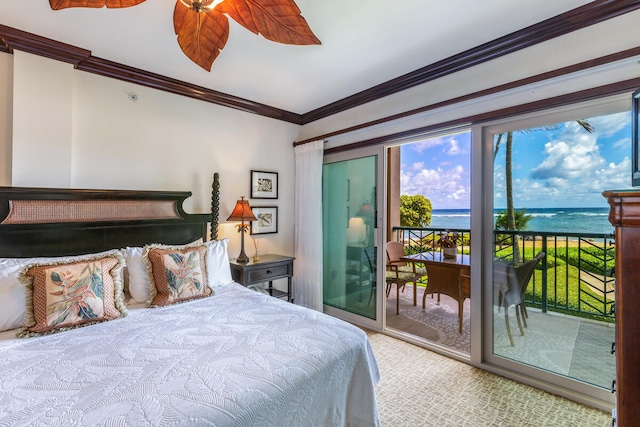 bedroom with light carpet, crown molding, access to exterior, and a water view