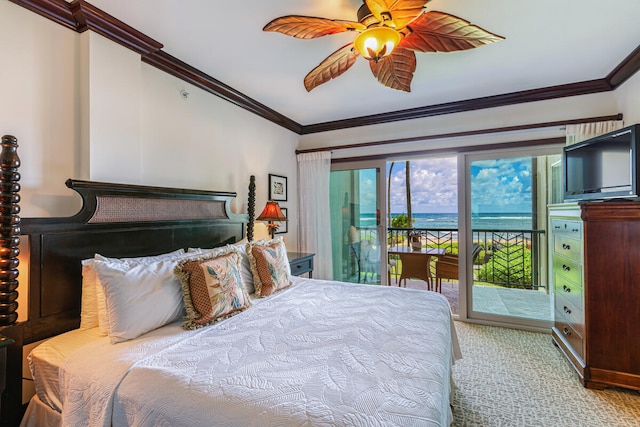 bedroom with ceiling fan, crown molding, access to exterior, and light carpet