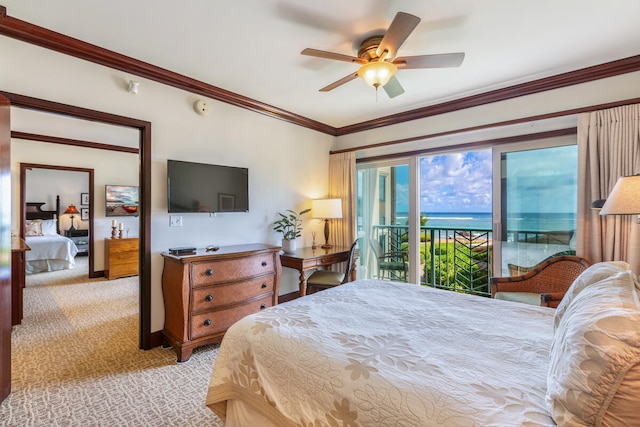 carpeted bedroom featuring ceiling fan, access to exterior, and ornamental molding