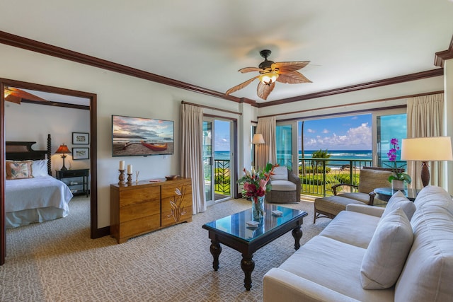 living room featuring crown molding, light colored carpet, and ceiling fan