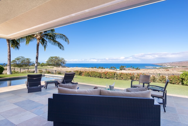 view of patio featuring a water view and a fenced in pool