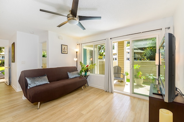 living room featuring light hardwood / wood-style floors, a textured ceiling, and ceiling fan