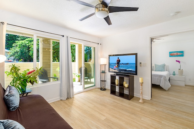 living room featuring light hardwood / wood-style floors, a textured ceiling, and ceiling fan