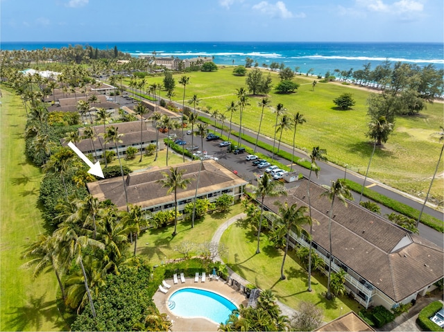 drone / aerial view featuring a water view