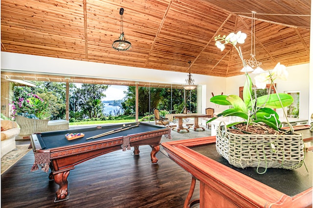 rec room with pool table, high vaulted ceiling, hardwood / wood-style floors, and wood ceiling