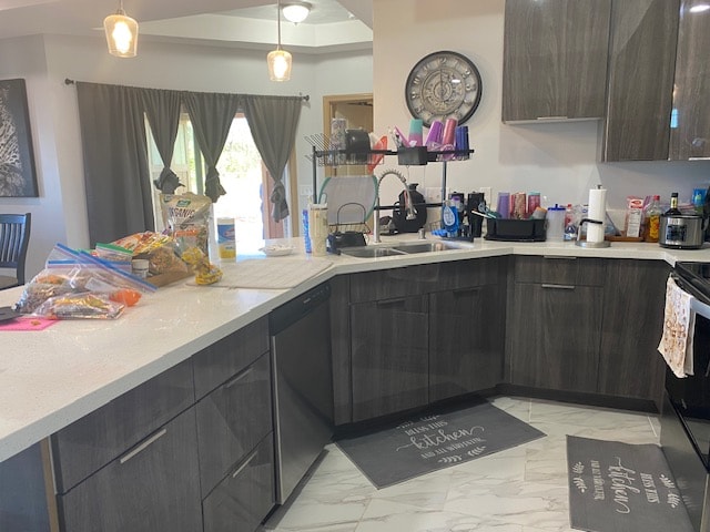 kitchen with black dishwasher, sink, hanging light fixtures, and dark brown cabinets