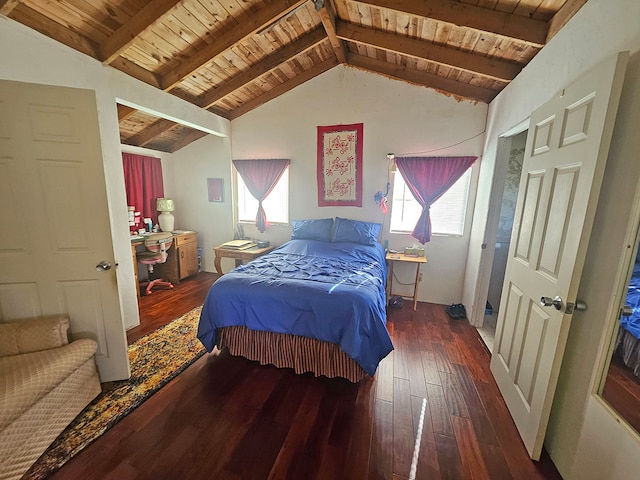 bedroom featuring dark hardwood / wood-style floors, wood ceiling, and vaulted ceiling with beams