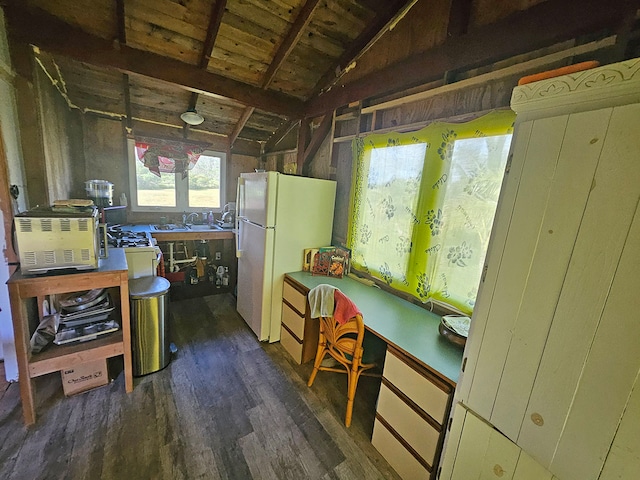 misc room with wooden ceiling, wooden walls, built in desk, dark hardwood / wood-style floors, and vaulted ceiling with beams