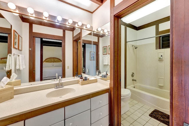 full bathroom with shower / tub combination, tile patterned floors, vanity, and toilet