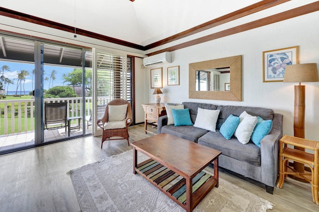 living room with light hardwood / wood-style floors and a wall mounted AC