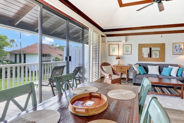 interior space with ceiling fan, a wall mounted air conditioner, and hardwood / wood-style floors