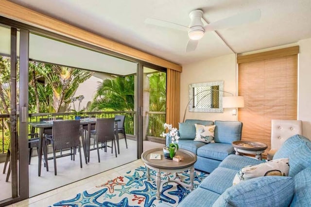 living room with ceiling fan