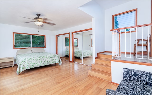 bedroom with ceiling fan, two closets, and wood-type flooring