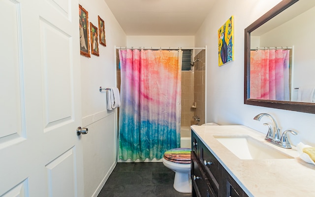 full bathroom with vanity, tile patterned floors, toilet, and shower / tub combo with curtain