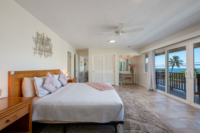 bedroom with ceiling fan and access to exterior