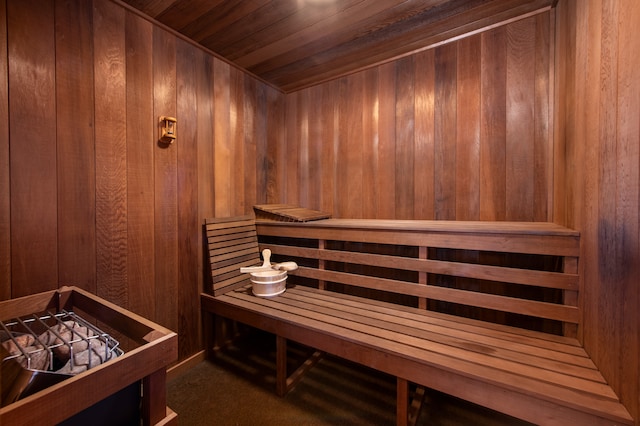 view of sauna with wood ceiling and wood walls