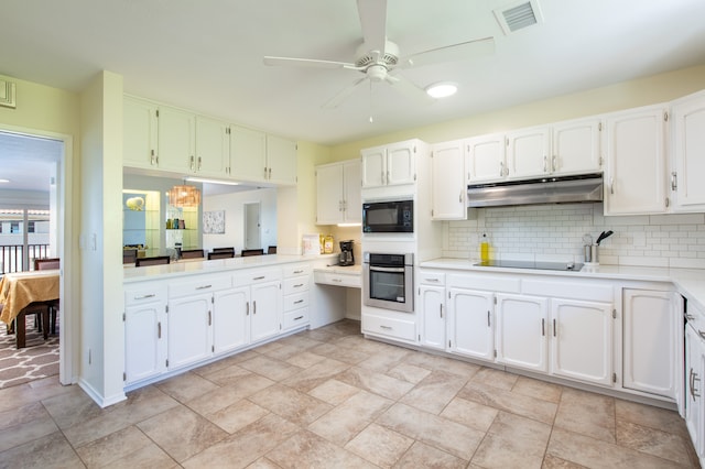 kitchen featuring white cabinets, black appliances, and ceiling fan