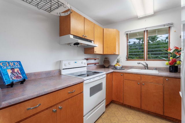 kitchen featuring white electric stove and sink