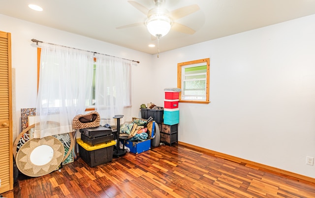 game room featuring ceiling fan and hardwood / wood-style flooring