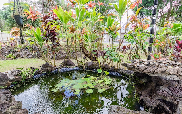 exterior space with a small pond