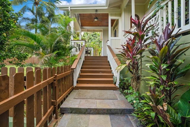 exterior space featuring ceiling fan