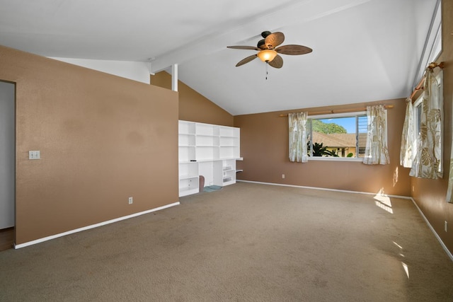 unfurnished living room with carpet flooring, lofted ceiling with beams, and ceiling fan