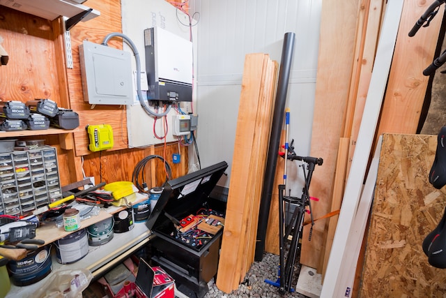 interior space with wood walls and electric panel