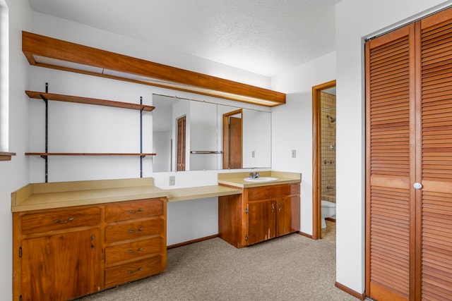 bathroom with vanity, toilet, a shower, and a textured ceiling