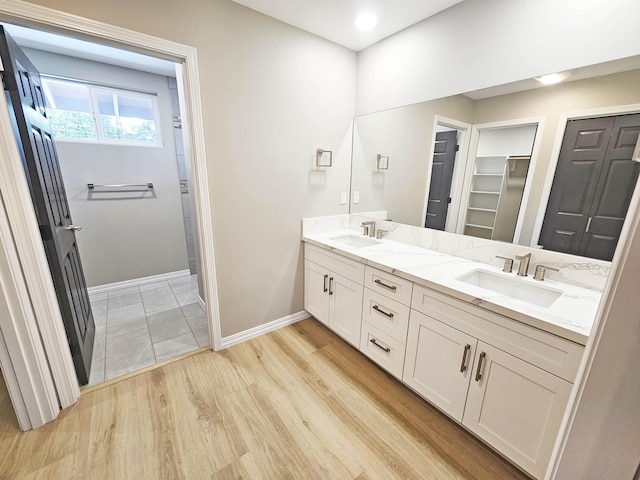 bathroom with double vanity, baseboards, a spacious closet, and a sink