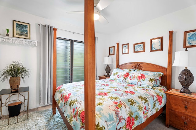 carpeted bedroom with ceiling fan