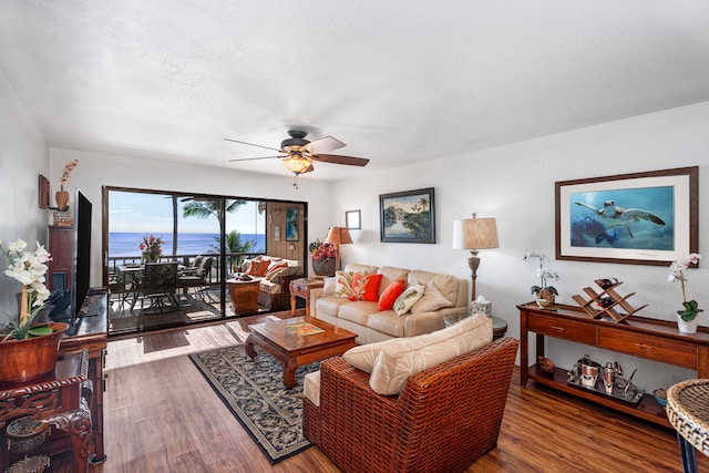 living room with hardwood / wood-style floors and ceiling fan