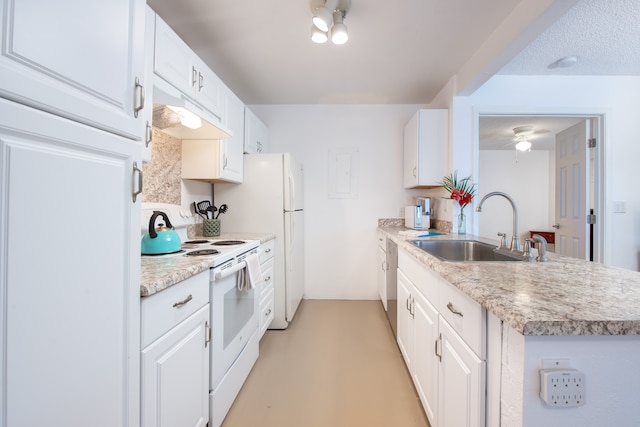 kitchen with white cabinetry, stainless steel dishwasher, range hood, white range with electric stovetop, and sink