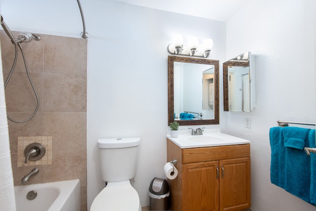 full bathroom featuring toilet, shower / bathtub combination with curtain, and vanity