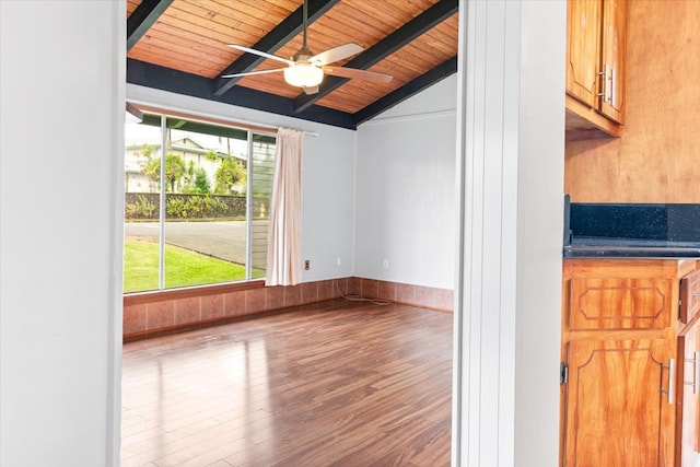 unfurnished room featuring hardwood / wood-style floors, lofted ceiling with beams, ceiling fan, and wooden ceiling