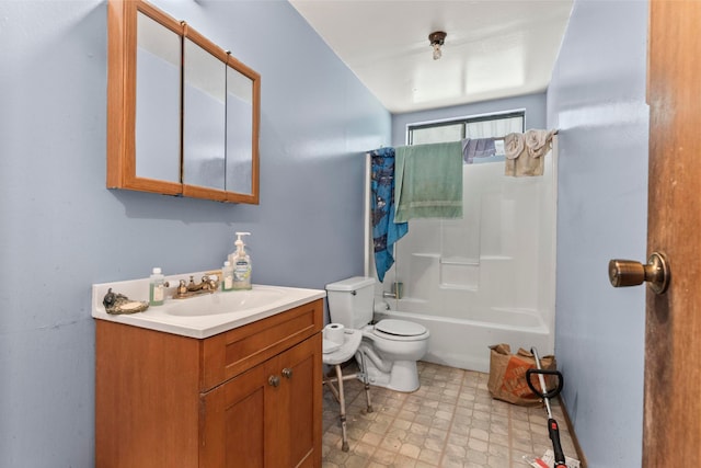 full bathroom featuring toilet, shower / bathing tub combination, and vanity