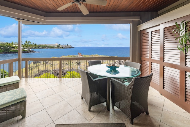 view of patio featuring a water view and ceiling fan