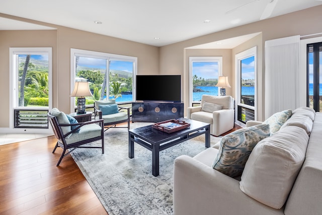 living room with hardwood / wood-style flooring and ceiling fan