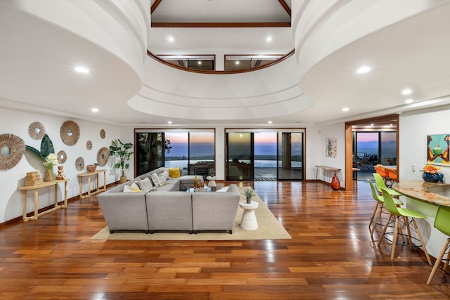 living room with wood-type flooring and a tray ceiling