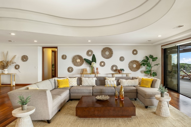 living room featuring light hardwood / wood-style floors and a raised ceiling