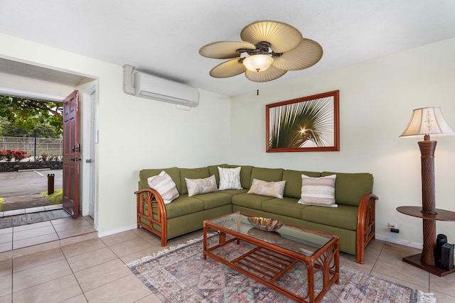 living room with light tile patterned flooring, ceiling fan, and a wall mounted air conditioner