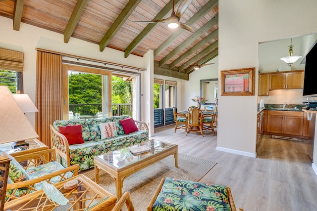 living room with wood ceiling, beam ceiling, ceiling fan, high vaulted ceiling, and light hardwood / wood-style flooring