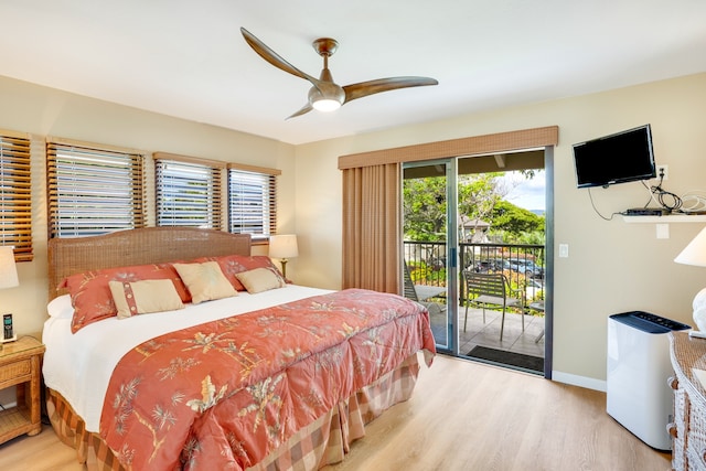 bedroom with ceiling fan, light hardwood / wood-style floors, and access to exterior