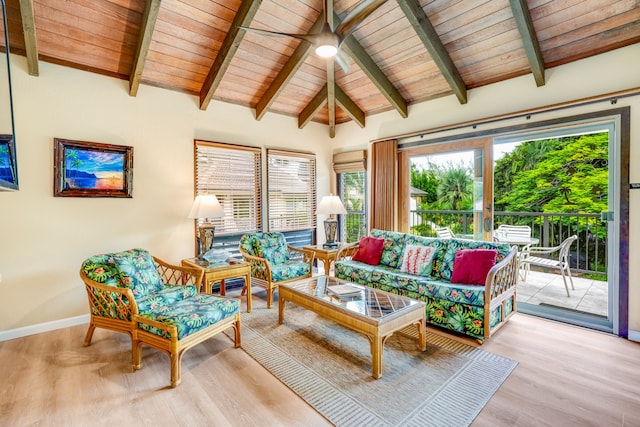 sunroom / solarium with lofted ceiling with beams, ceiling fan, and wooden ceiling