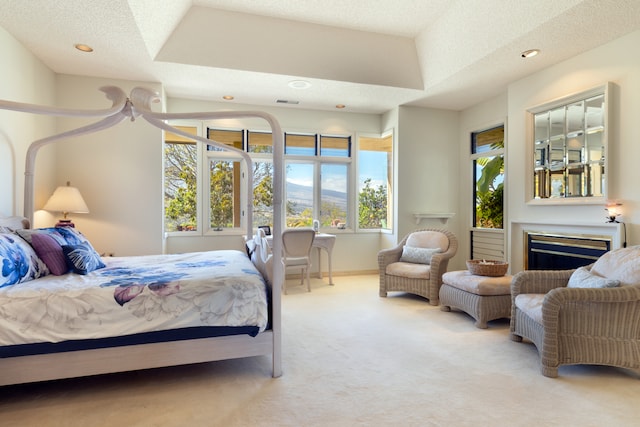 bedroom with a raised ceiling, light carpet, and a textured ceiling